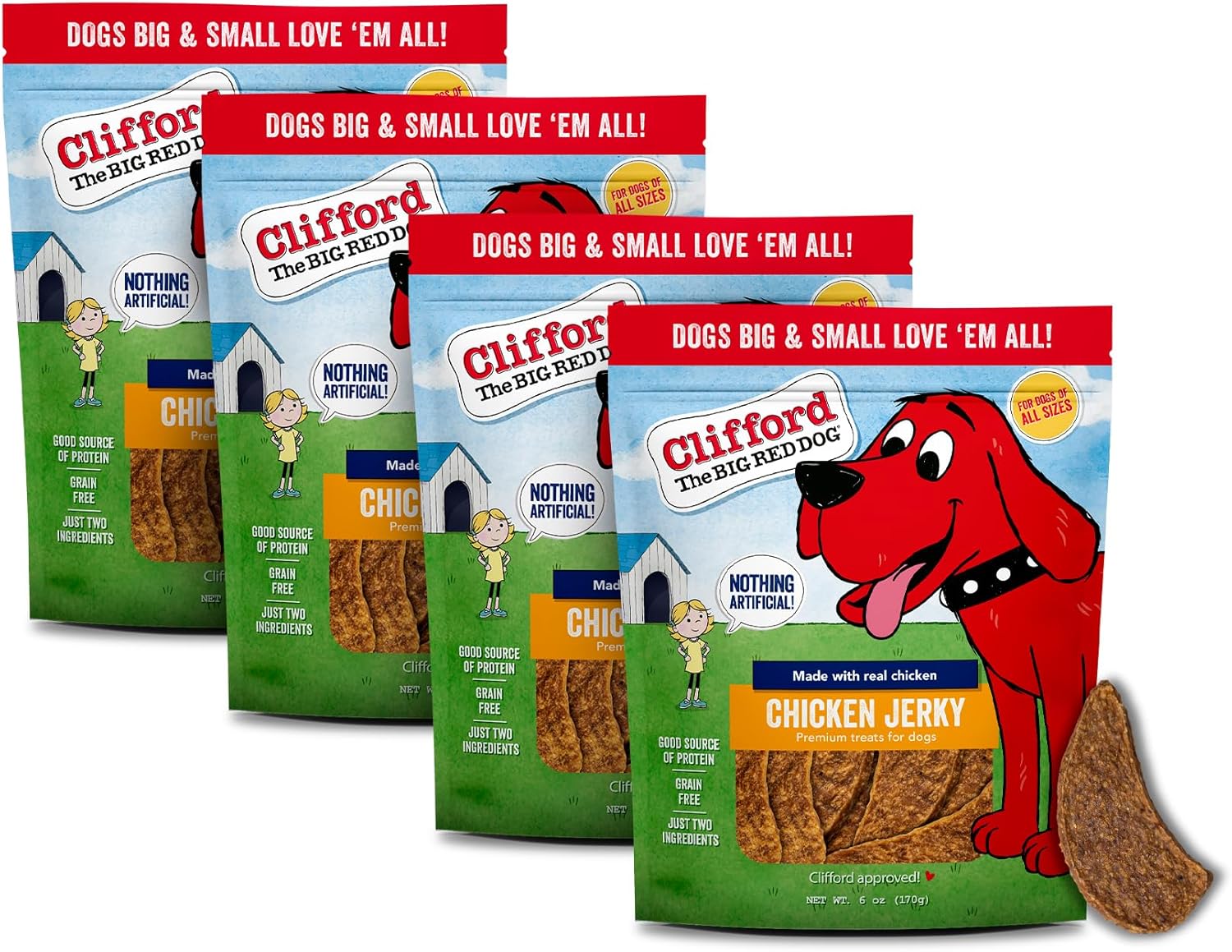 Clifford the Big Red Dog chicken jerky treats, four pack of 6 oz bags
